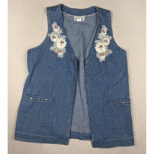 VINTAGE 90s WOMEN'S DENIM VEST - APPLIQUE - BRIDGE - SIZE L